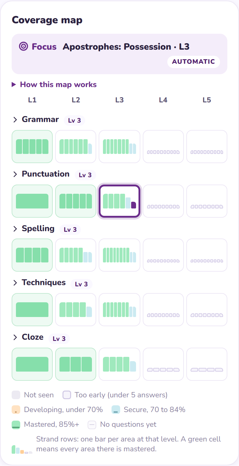 The coverage map for English: Grammar, Punctuation, Spelling, Techniques and Cloze, each showing its own level and a row of cells coloured by how secure the child is, with the next area to work on ringed